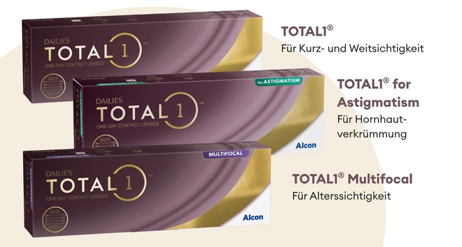 Drei Packungen Kontaktlinsen von Alcon hintereinander