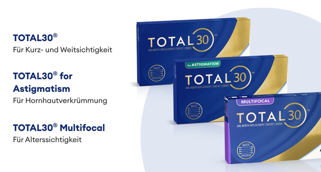 Drei Packungen Kontaktlinsen von Alcon hintereinander
