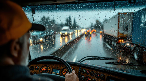 Mann fährt bei Regen Auto